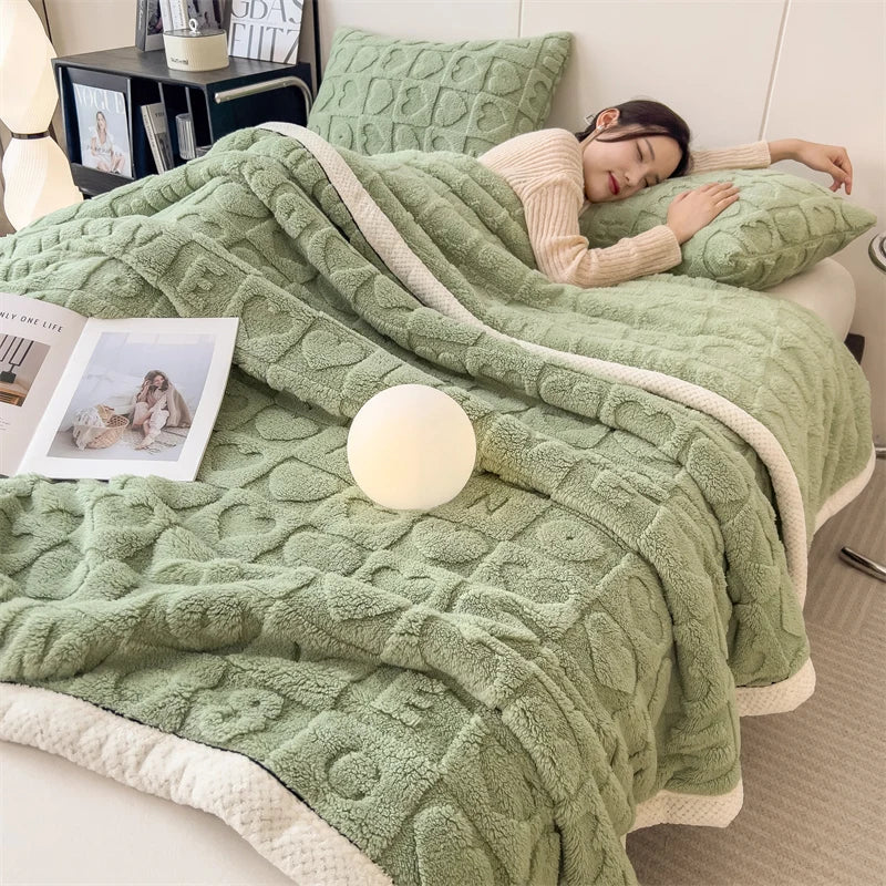 Green Soft Raised Heart-Pattern Fleece Throw