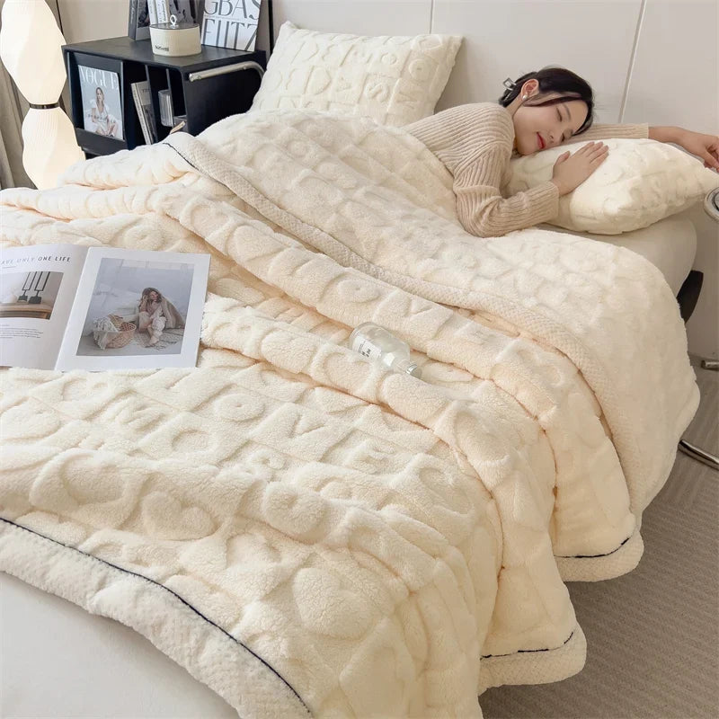Beige Soft Raised Heart-Pattern Fleece Throw