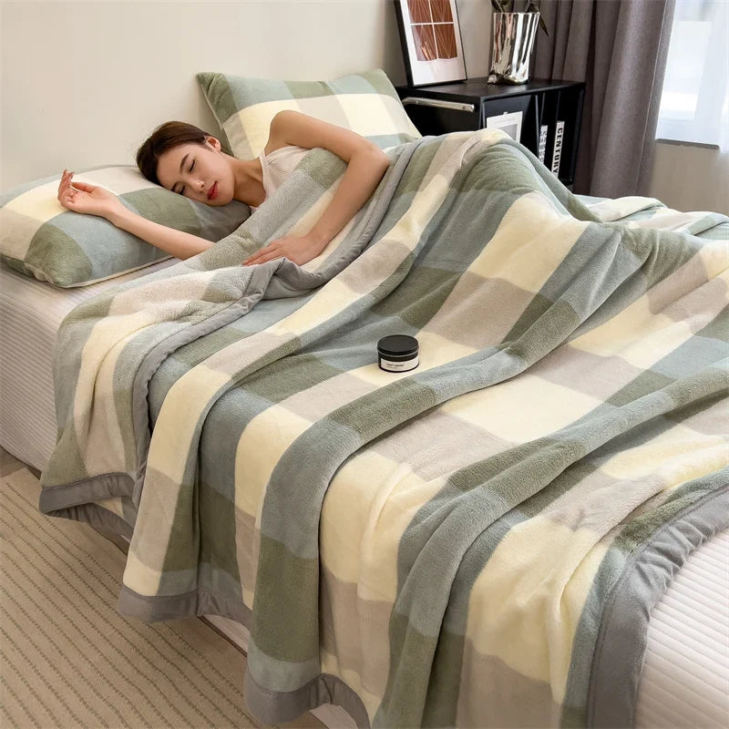 Sage Green Soft Large-Check Velvet Throw