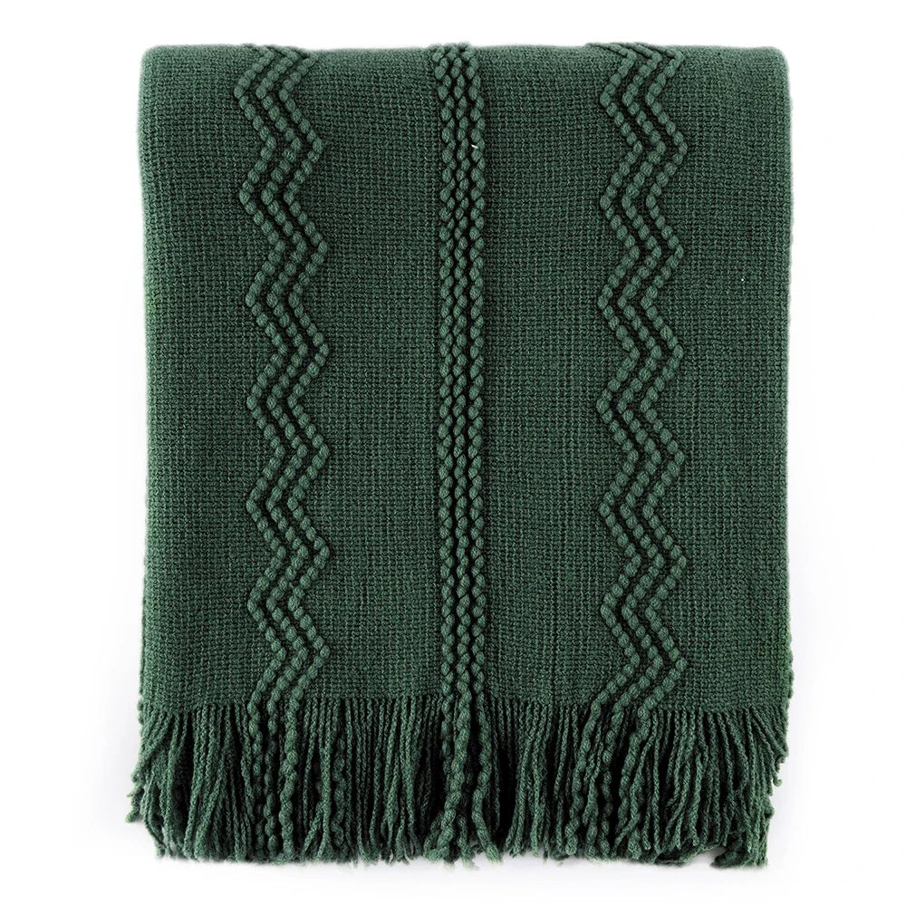 Forest Green Textured Knitted Fringed Throw