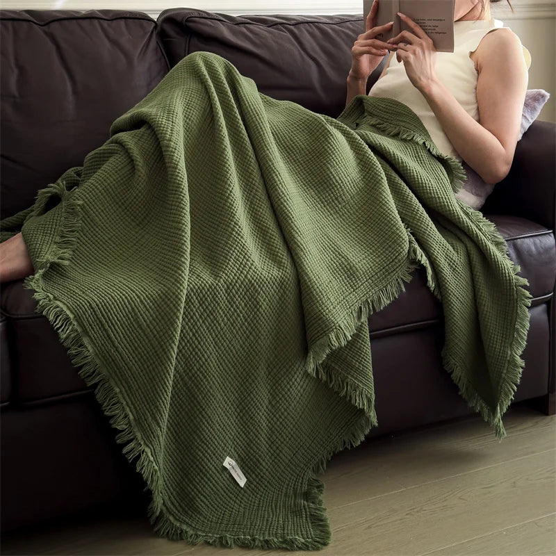 Green Four-Layer 100% Cotton Fringed Throw