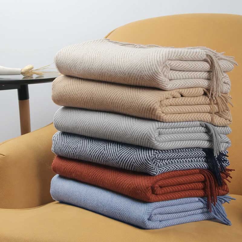 Beige Plain 100% Wool Fringed Throw