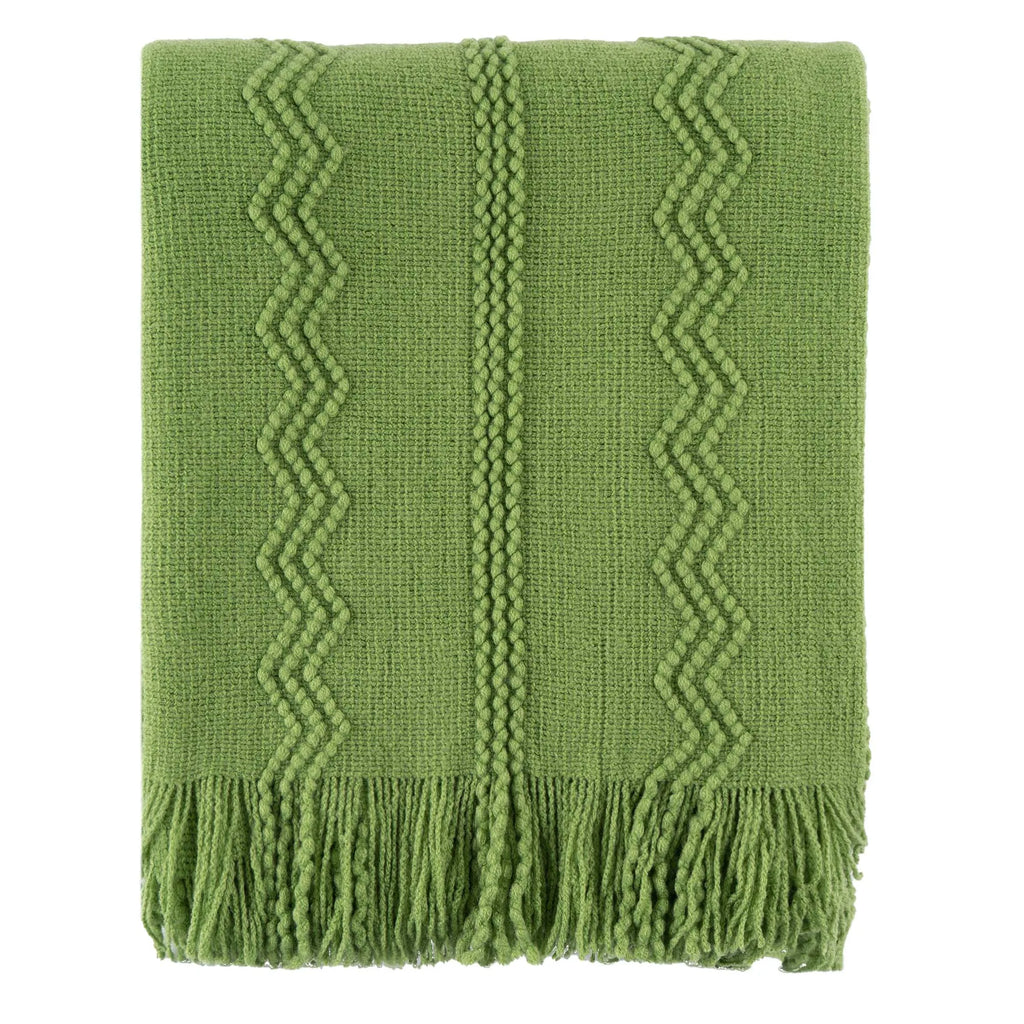 Olive Textured Knitted Fringed Throw