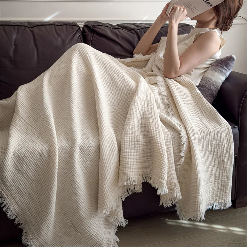 Pink Four-Layer 100% Cotton Fringed Throw