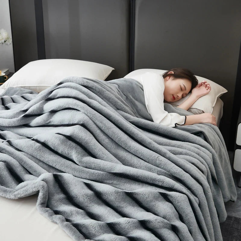 Grey Plush Textured Striped Faux Fur Throw