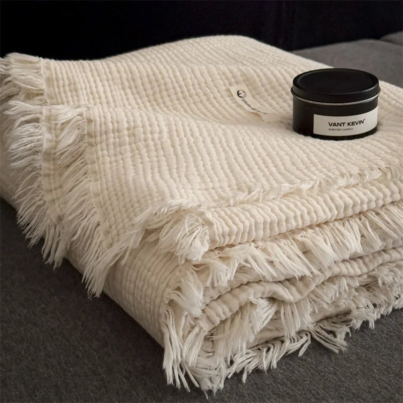 Pink Four-Layer 100% Cotton Fringed Throw