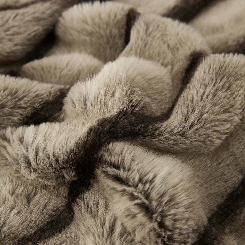 Coffee Brown Plush Textured Striped Faux Fur Throw