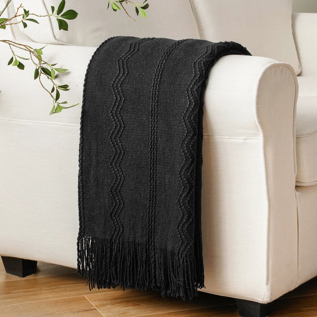 Black Textured Knitted Fringed Throw