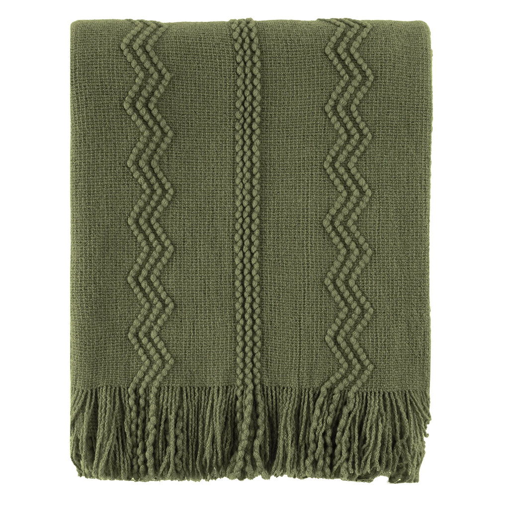 Green Textured Knitted Fringed Throw
