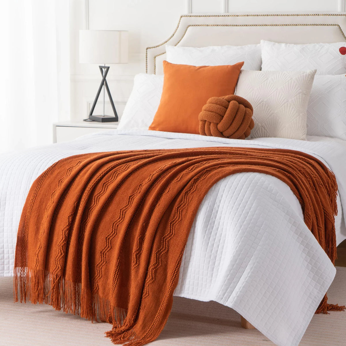 Terracotta Textured Knitted Fringed Throw