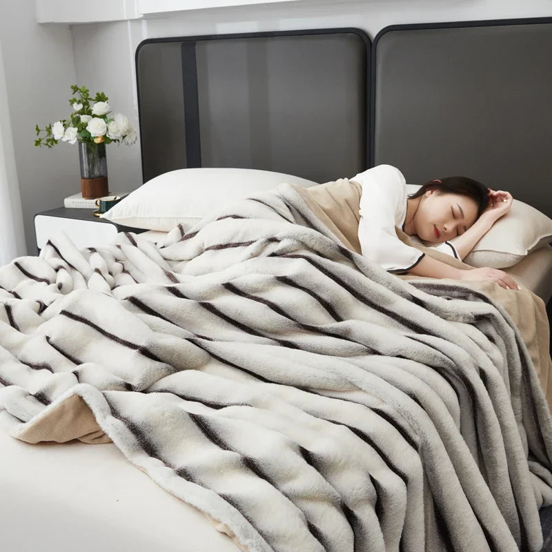 White Plush Textured Striped Faux Fur Throw