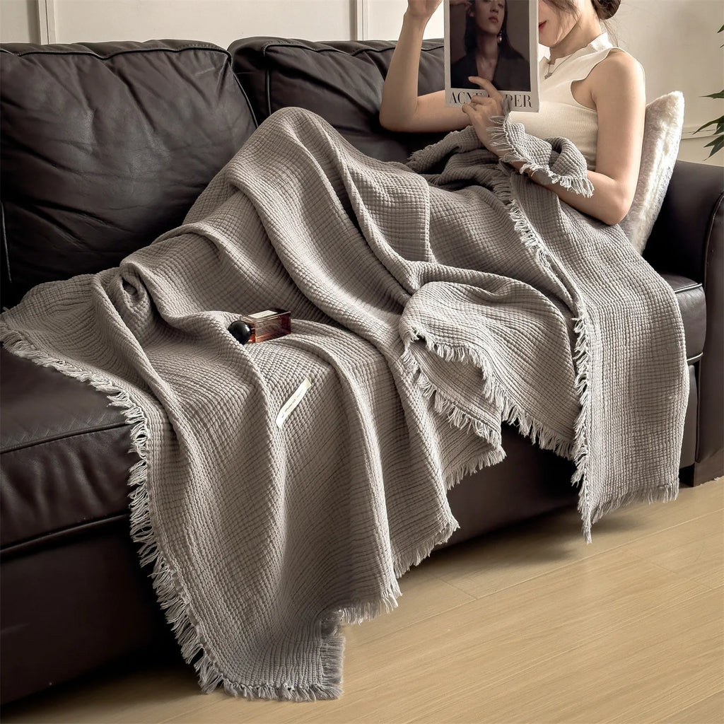 Blue Four-Layer 100% Cotton Fringed Throw