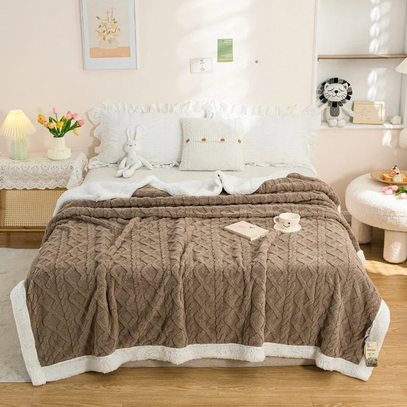 Brown Geometric Fleece and Sherpa Throw