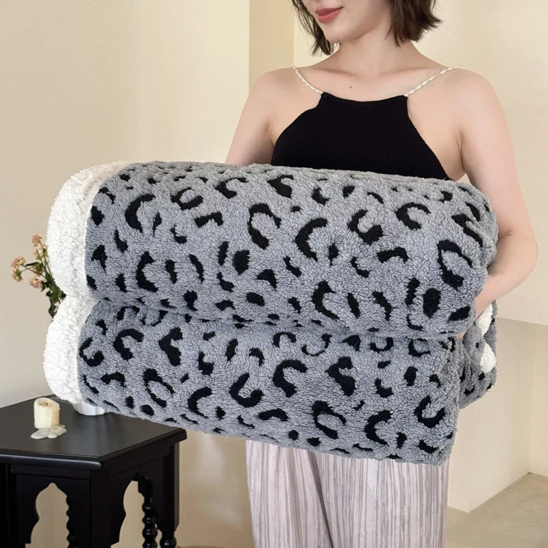 Grey Soft Leopard-Print Fleece Throw