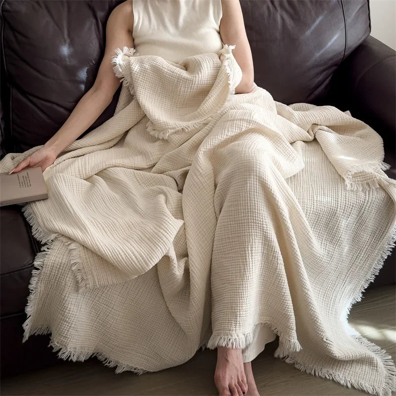 Pink Four-Layer 100% Cotton Fringed Throw
