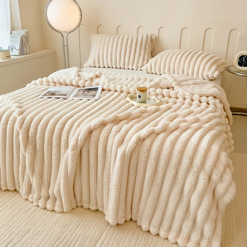 Beige Soft Ribbed Faux Fur Throw