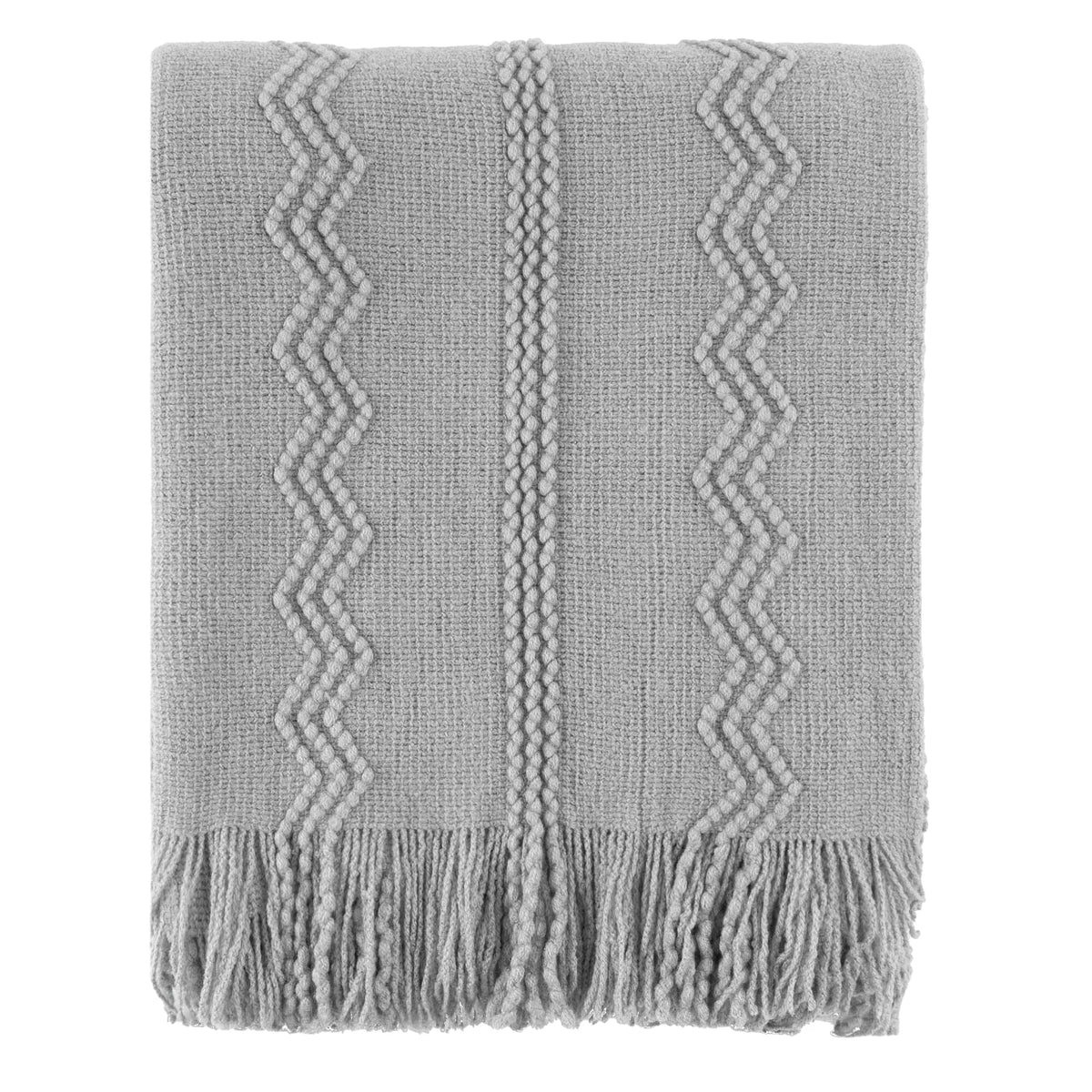 Grey Textured Knitted Fringed Throw
