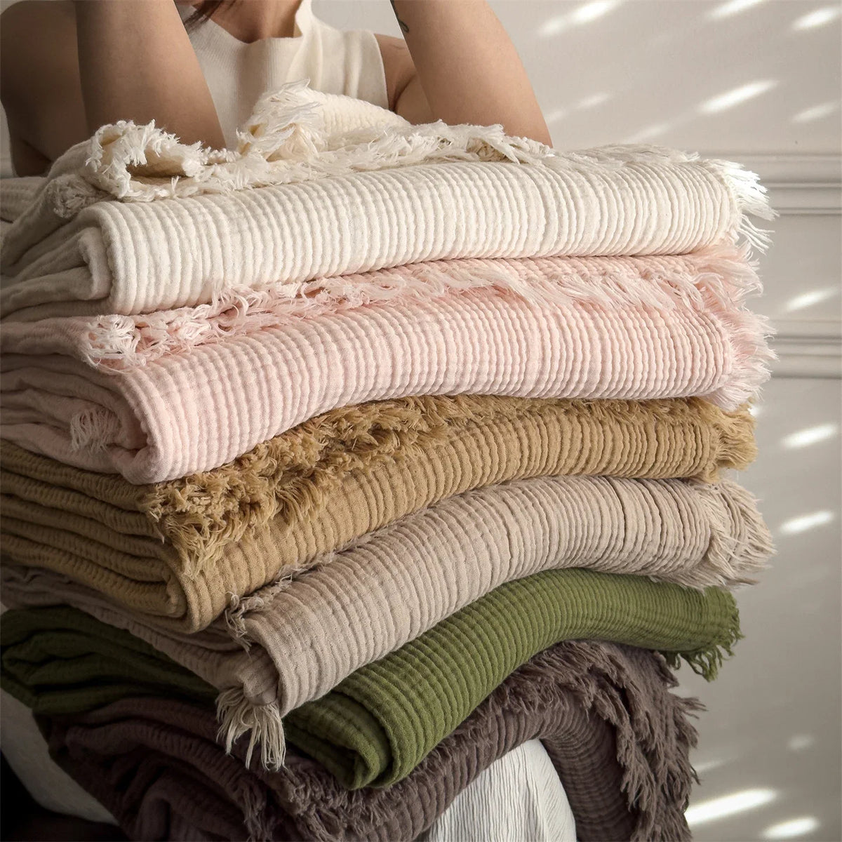 Beige Four-Layer 100% Cotton Fringed Throw