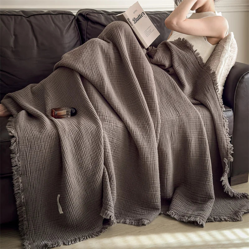 Blue Four-Layer 100% Cotton Fringed Throw