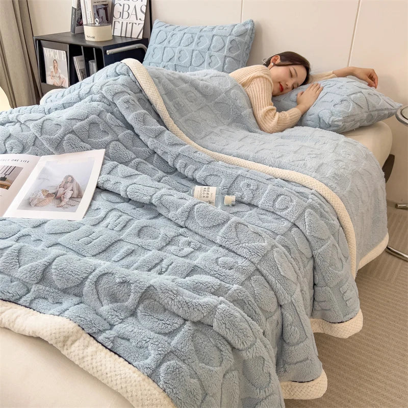 Blue Soft Raised Heart-Pattern Fleece Throw
