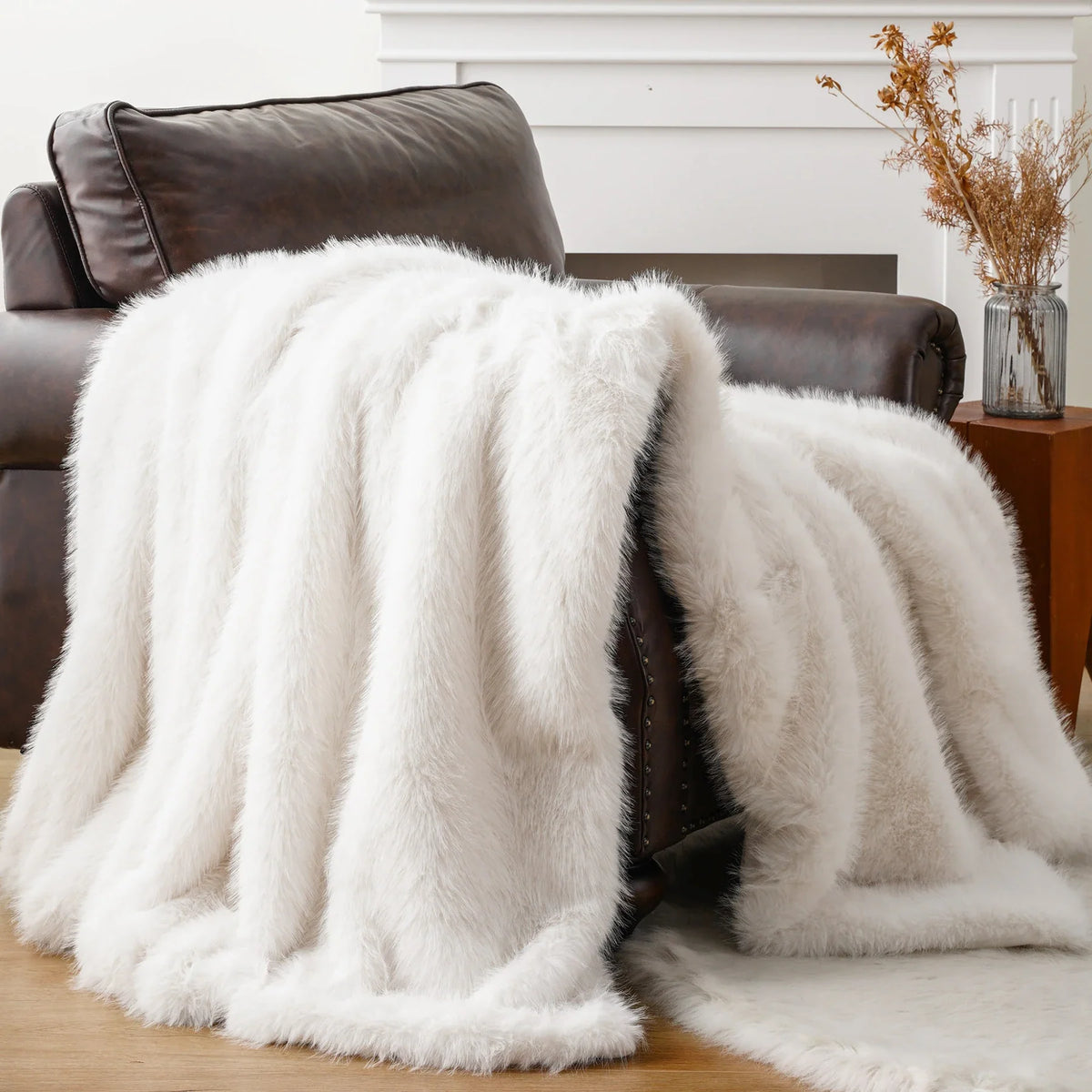 White Soft Long-Pile Faux Fur Throw