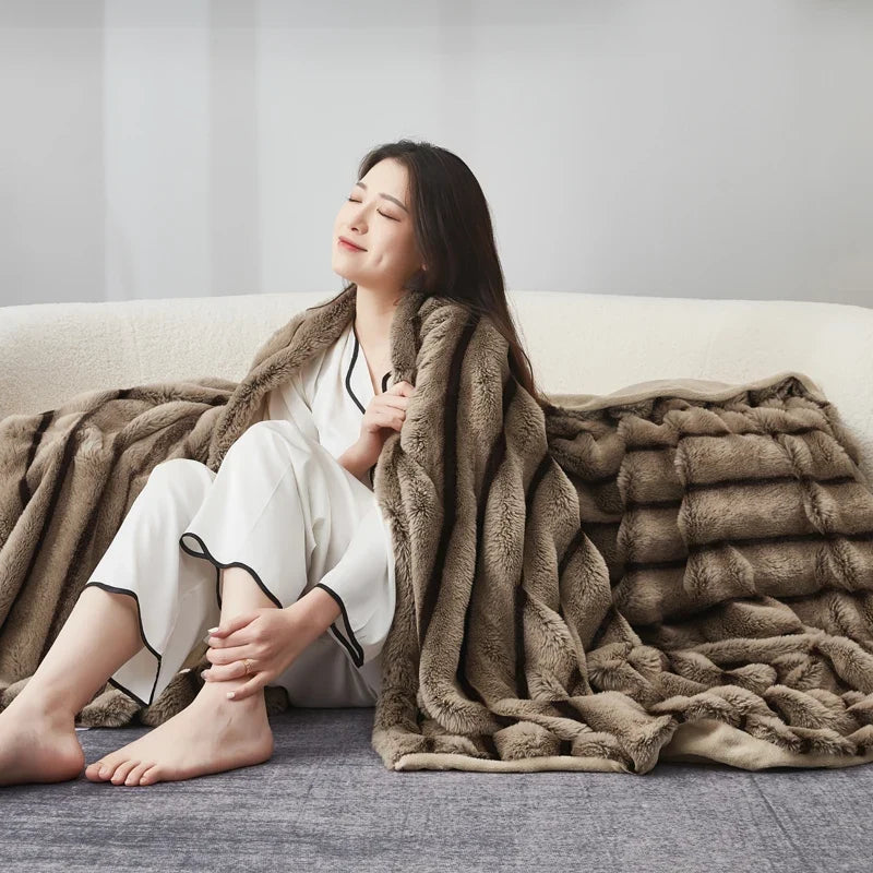 Coffee Brown Plush Textured Striped Faux Fur Throw