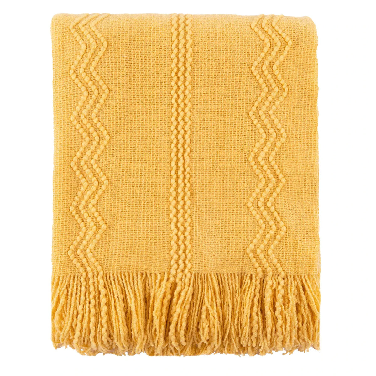 Yellow Textured Knitted Fringed Throw