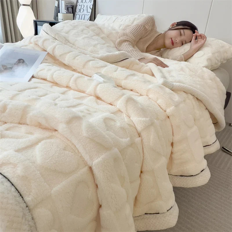 Beige Soft Raised Heart-Pattern Fleece Throw