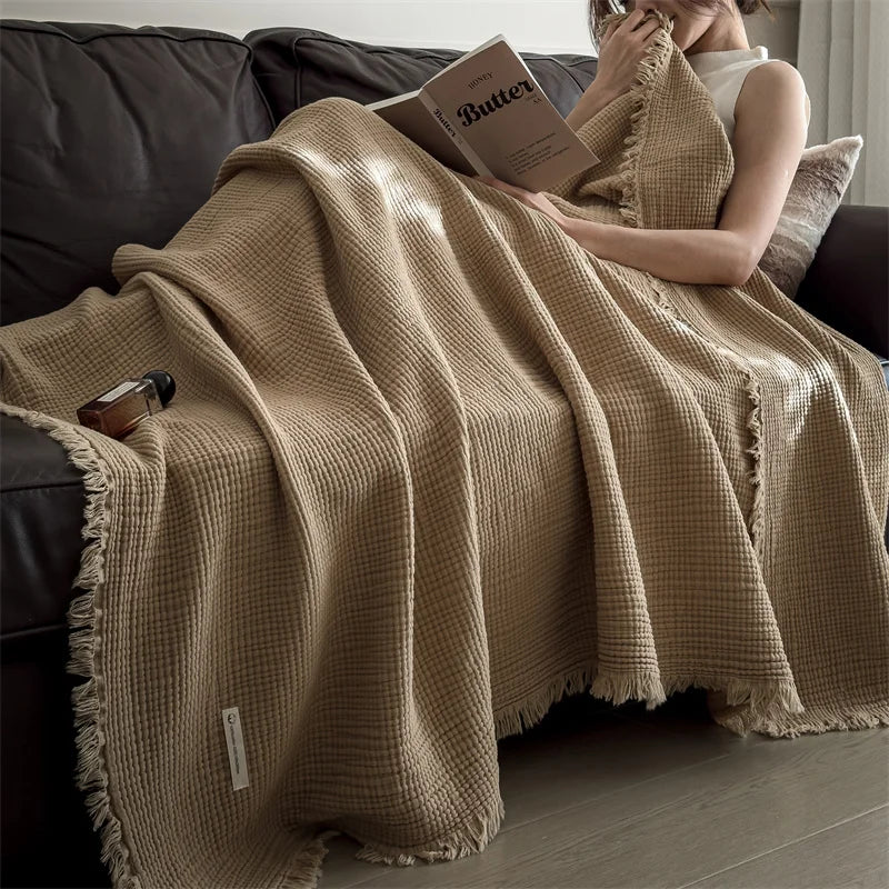 Pink Four-Layer 100% Cotton Fringed Throw