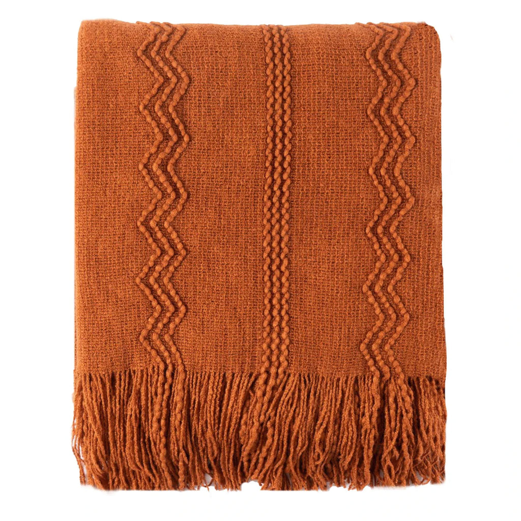 Terracotta Textured Knitted Fringed Throw