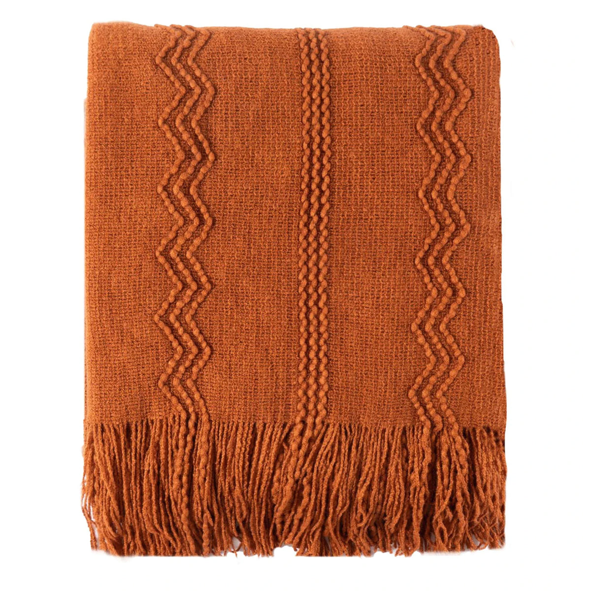 Terracotta Textured Knitted Fringed Throw