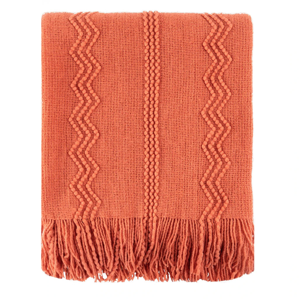 Orange Textured Knitted Fringed Throw