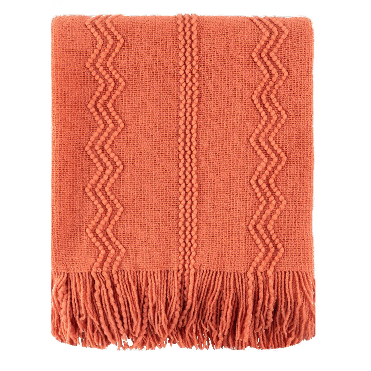 Orange Textured Knitted Fringed Throw