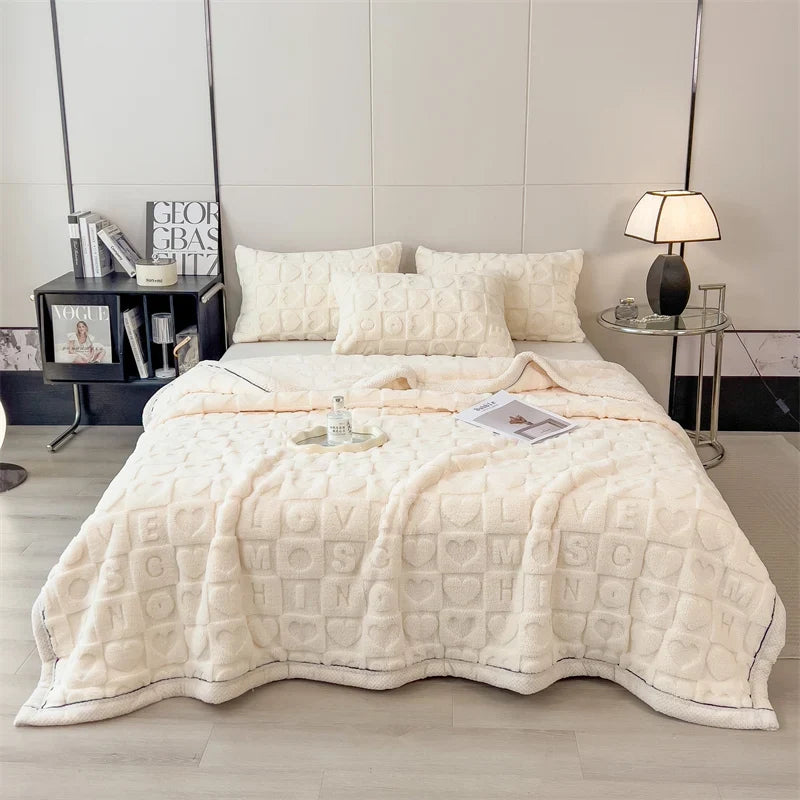 Beige Soft Raised Heart-Pattern Fleece Throw