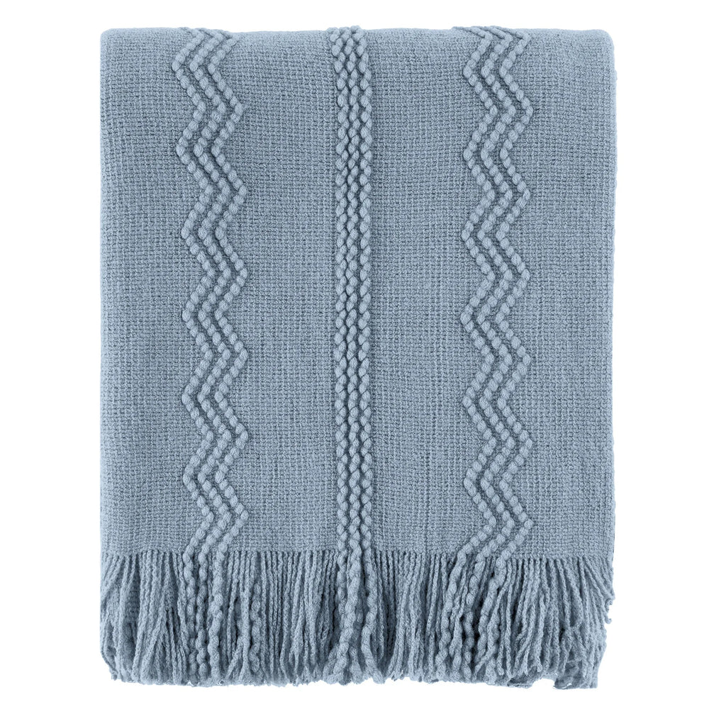 Blue Textured Knitted Fringed Throw