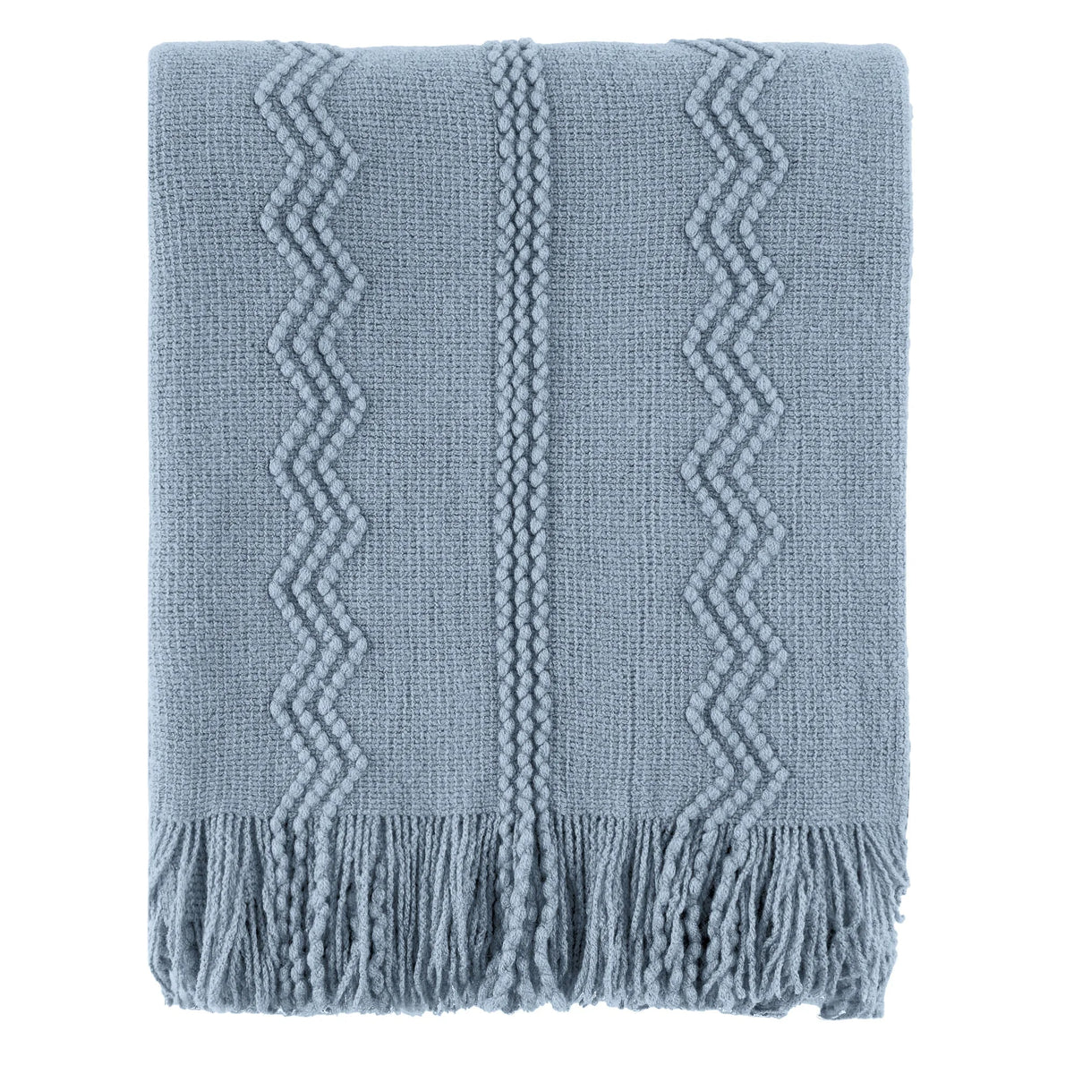 Blue Textured Knitted Fringed Throw