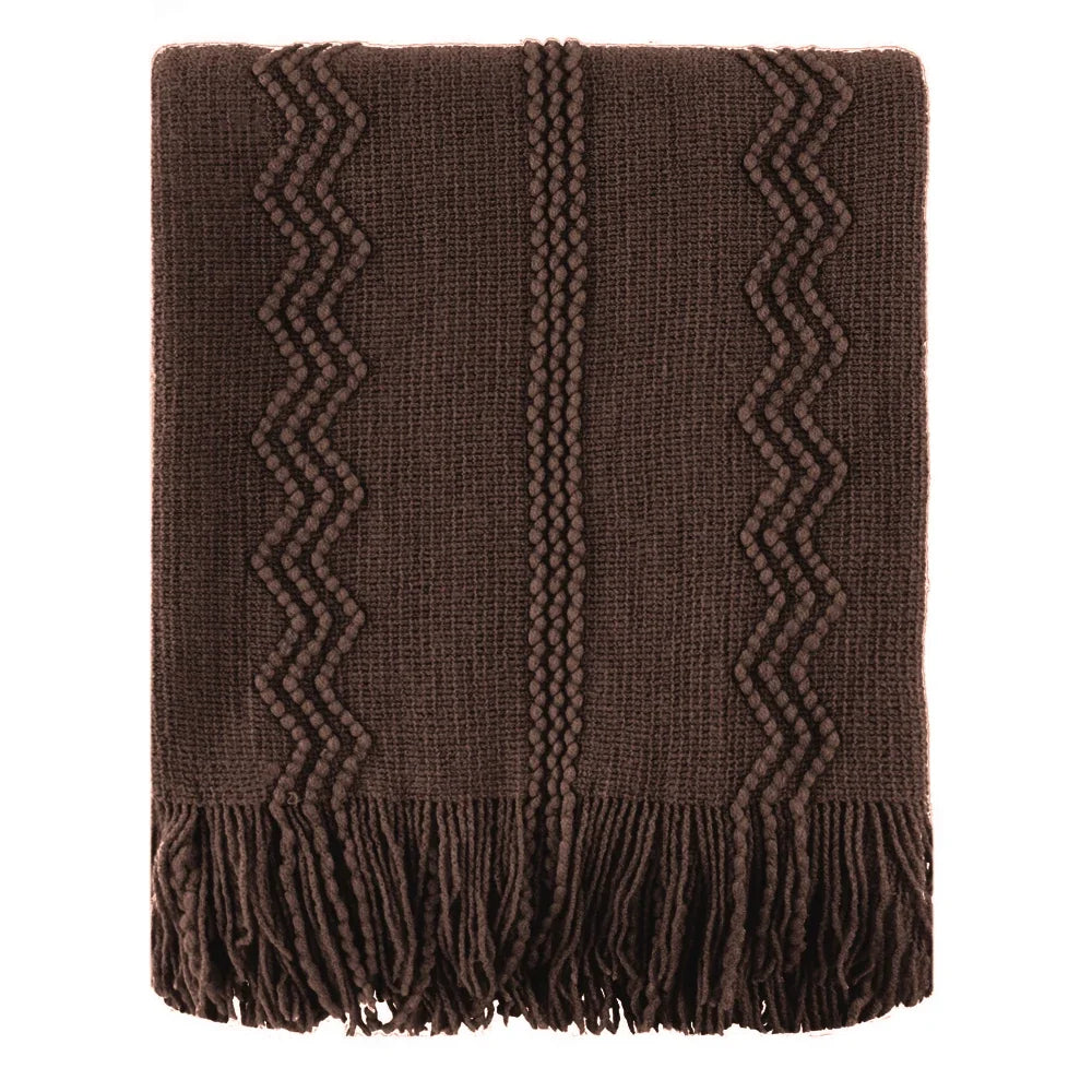 Brown Textured Knitted Fringed Throw
