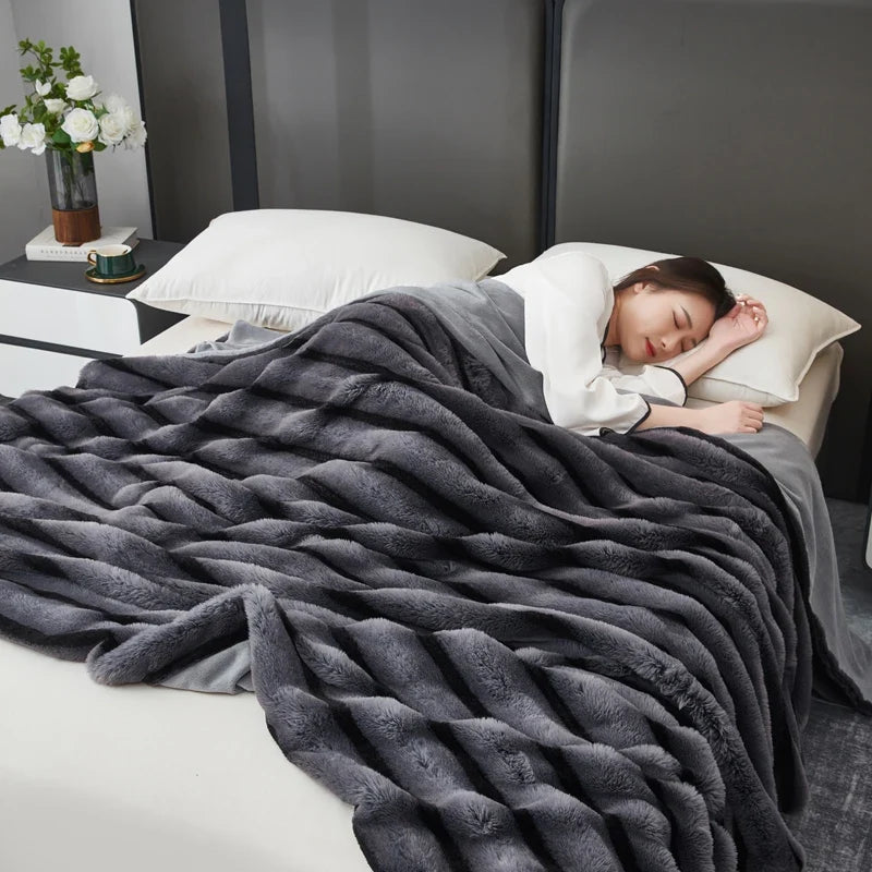 Charcoal Plush Textured Striped Faux Fur Throw