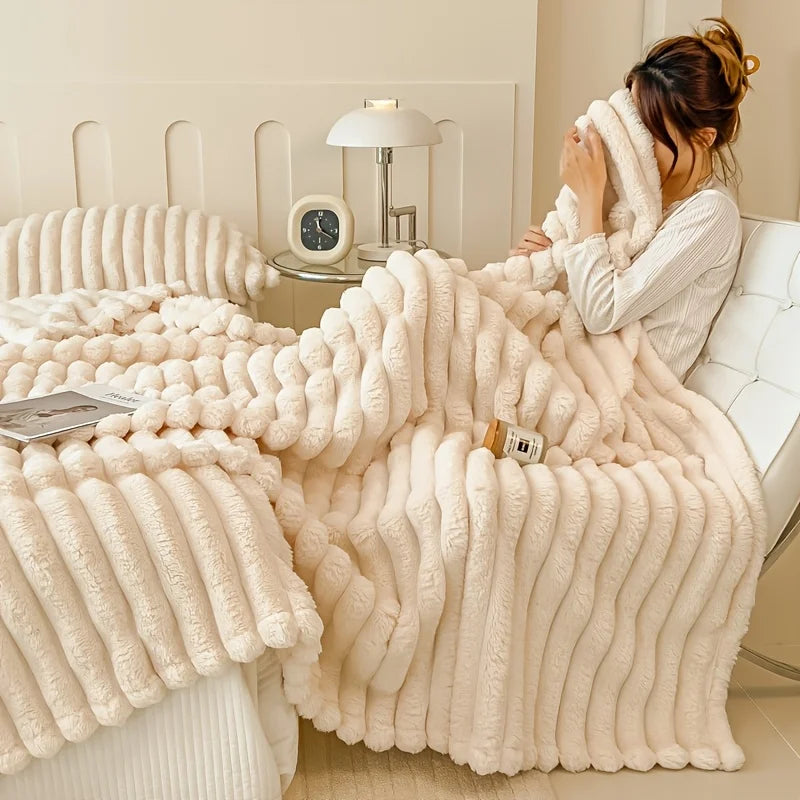 Beige Soft Ribbed Faux Fur Throw