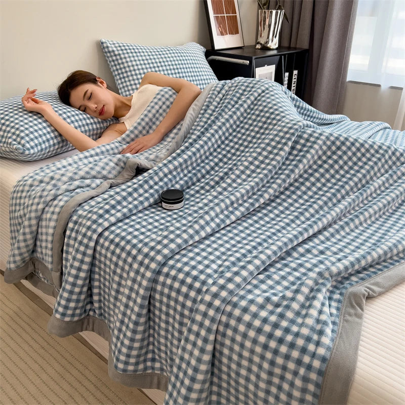 Mist Blue Soft Small-Check Velvet Throw