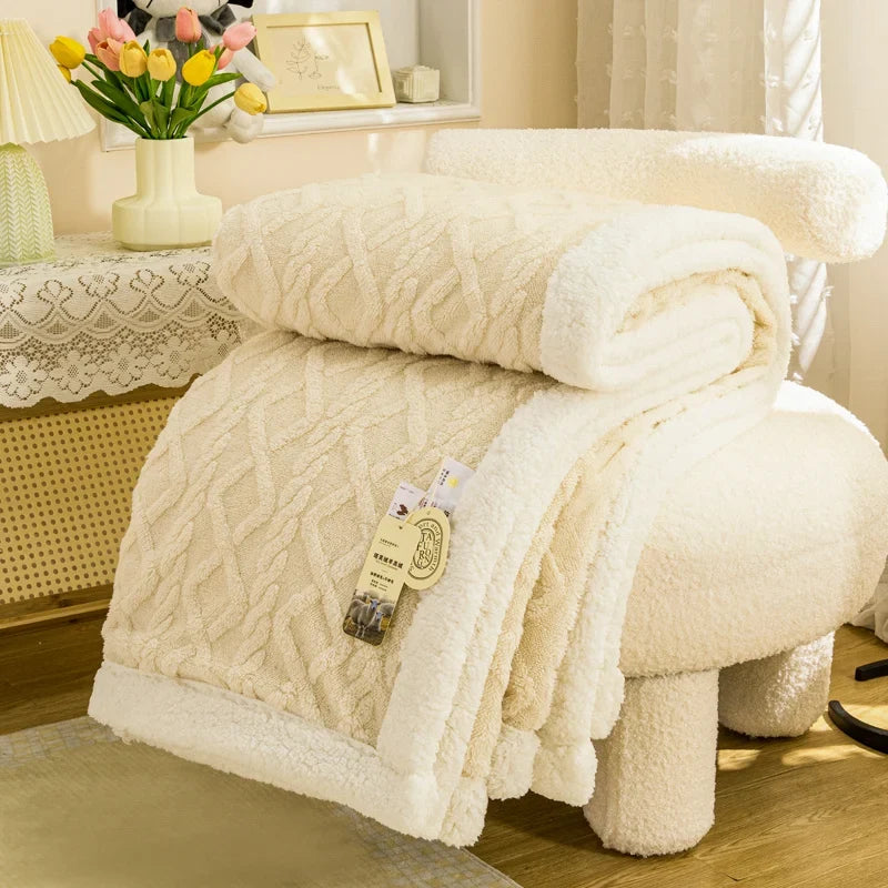 Beige Geometric Fleece and Sherpa Throw