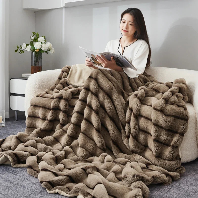 Coffee Brown Plush Textured Striped Faux Fur Throw