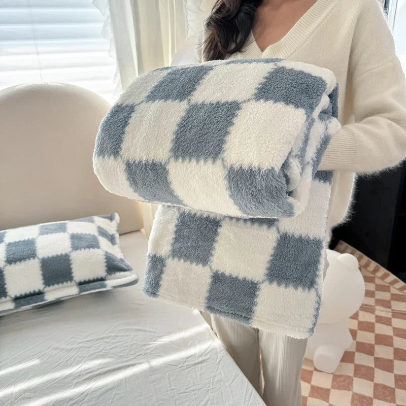 Blue Soft Checked Fleece Throw