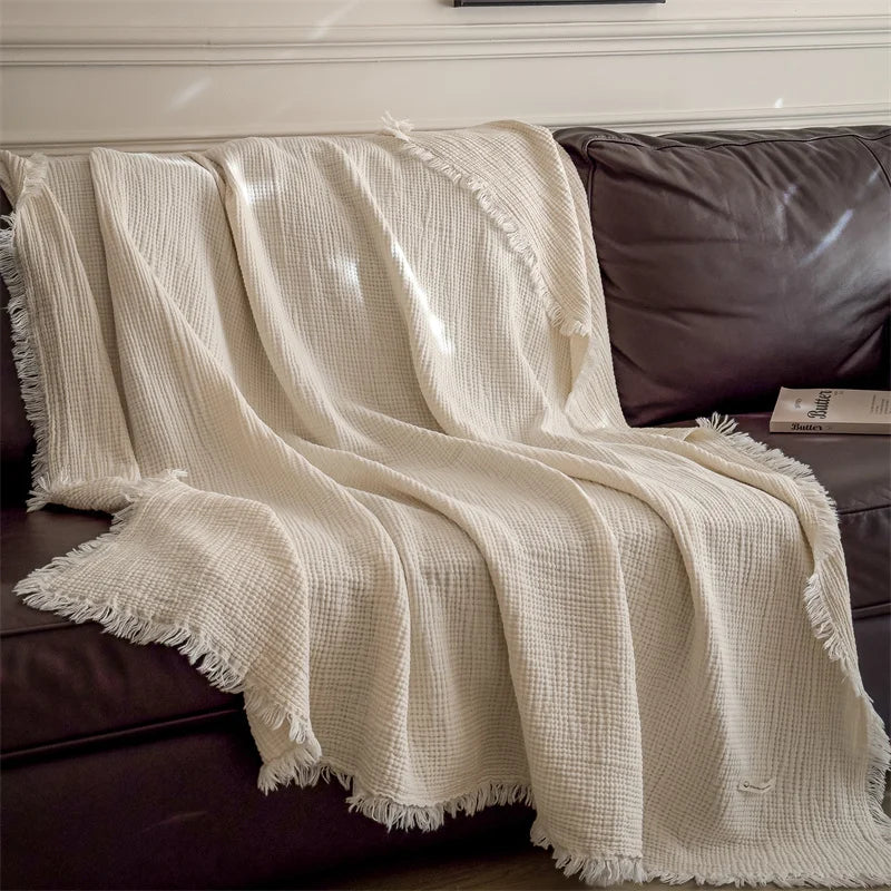 Beige Four-Layer 100% Cotton Fringed Throw