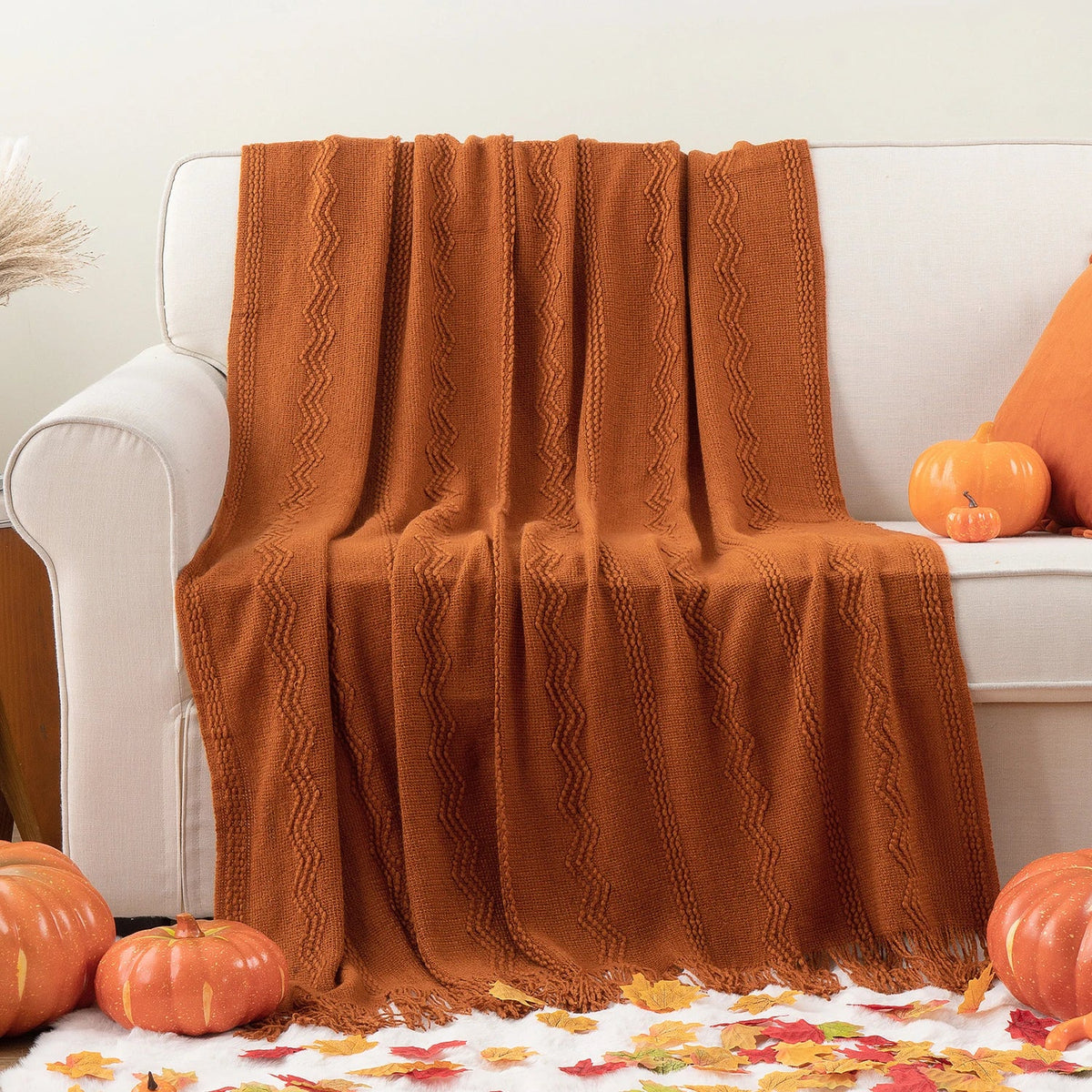 Terracotta Textured Knitted Fringed Throw