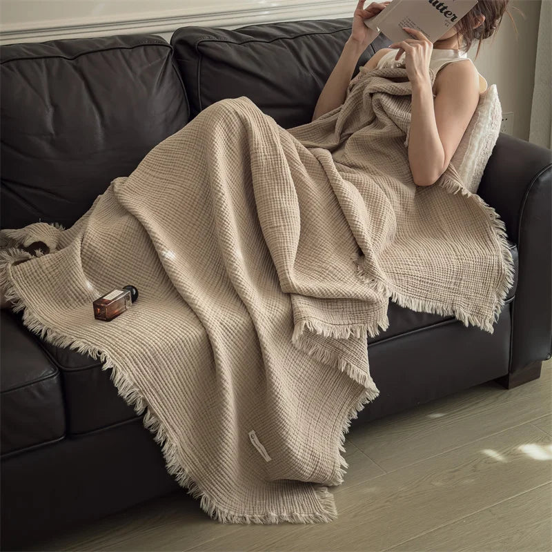 Blue Four-Layer 100% Cotton Fringed Throw