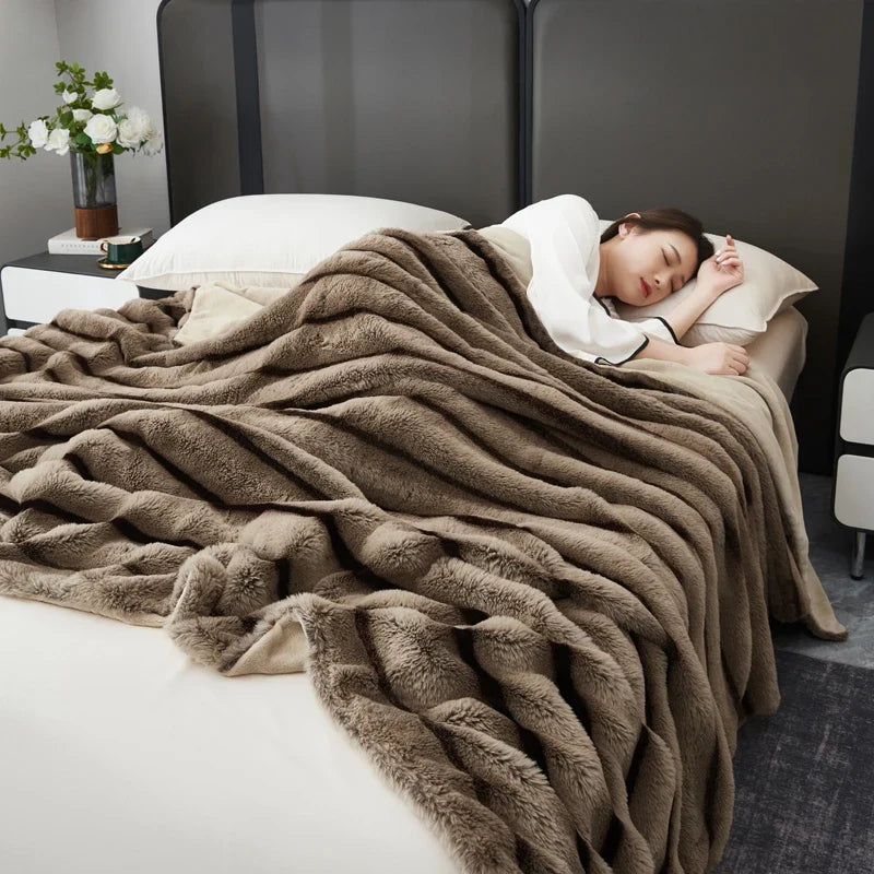 Coffee Brown Plush Textured Striped Faux Fur Throw
