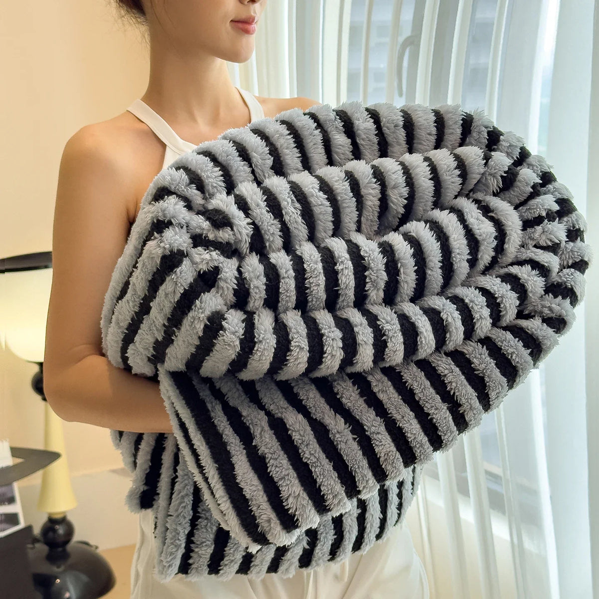Lemur Soft Striped Faux Fur Throw