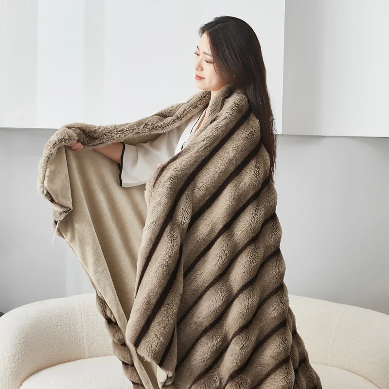 Coffee Brown Plush Textured Striped Faux Fur Throw