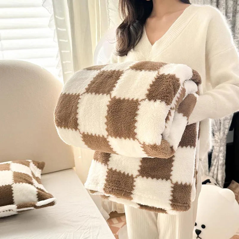 Coffee Brown Soft Checked Fleece Throw